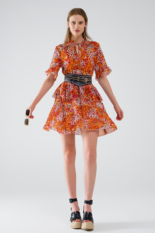 Q2 Robe courte à imprimé animalier en orange et blanc