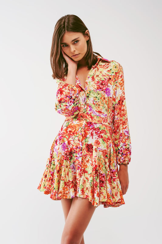 Q2 Robe courte à volants avec imprimé floral multicolore