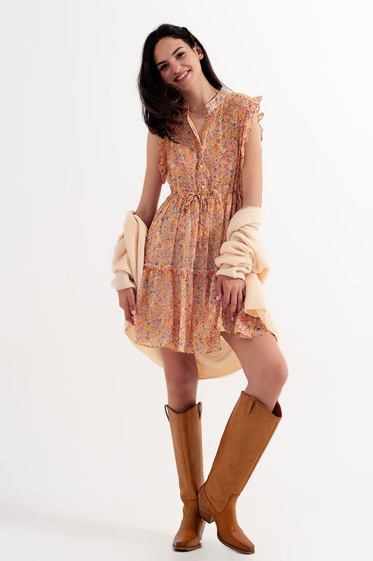 Q2 Robe courte avec bords à volants et fleurs de style vintage corail