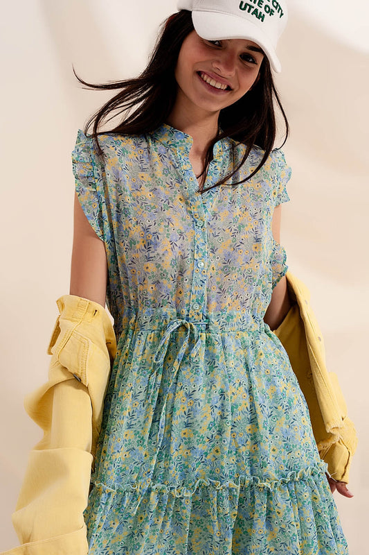 Q2 Robe courte avec bords à volants et fleurs de style vintage