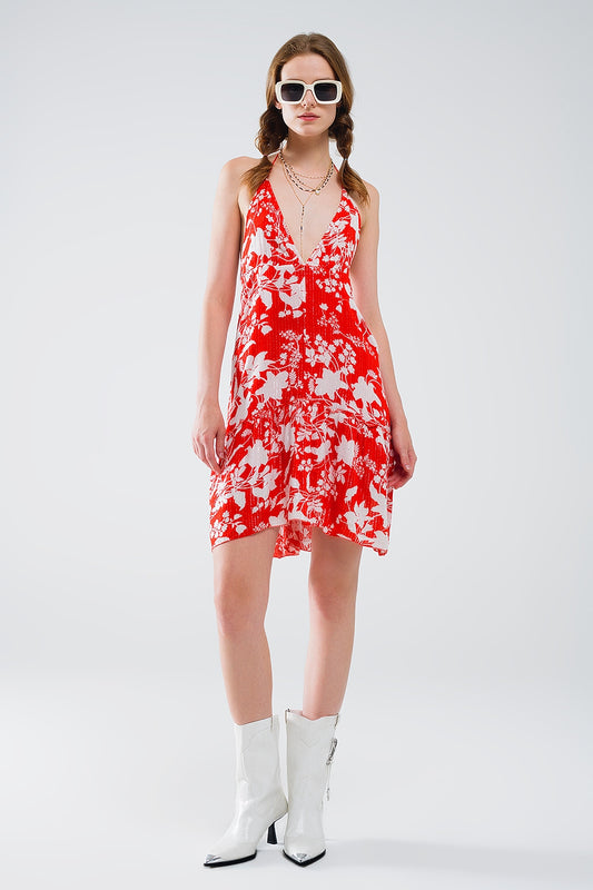 Q2 Robe courte rouge à imprimé fleuri Boho avec détails en lurex