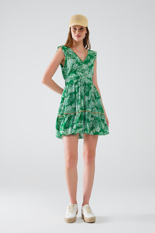 Q2 robe courte verte à imprimé fleuri boho avec détails en lurex