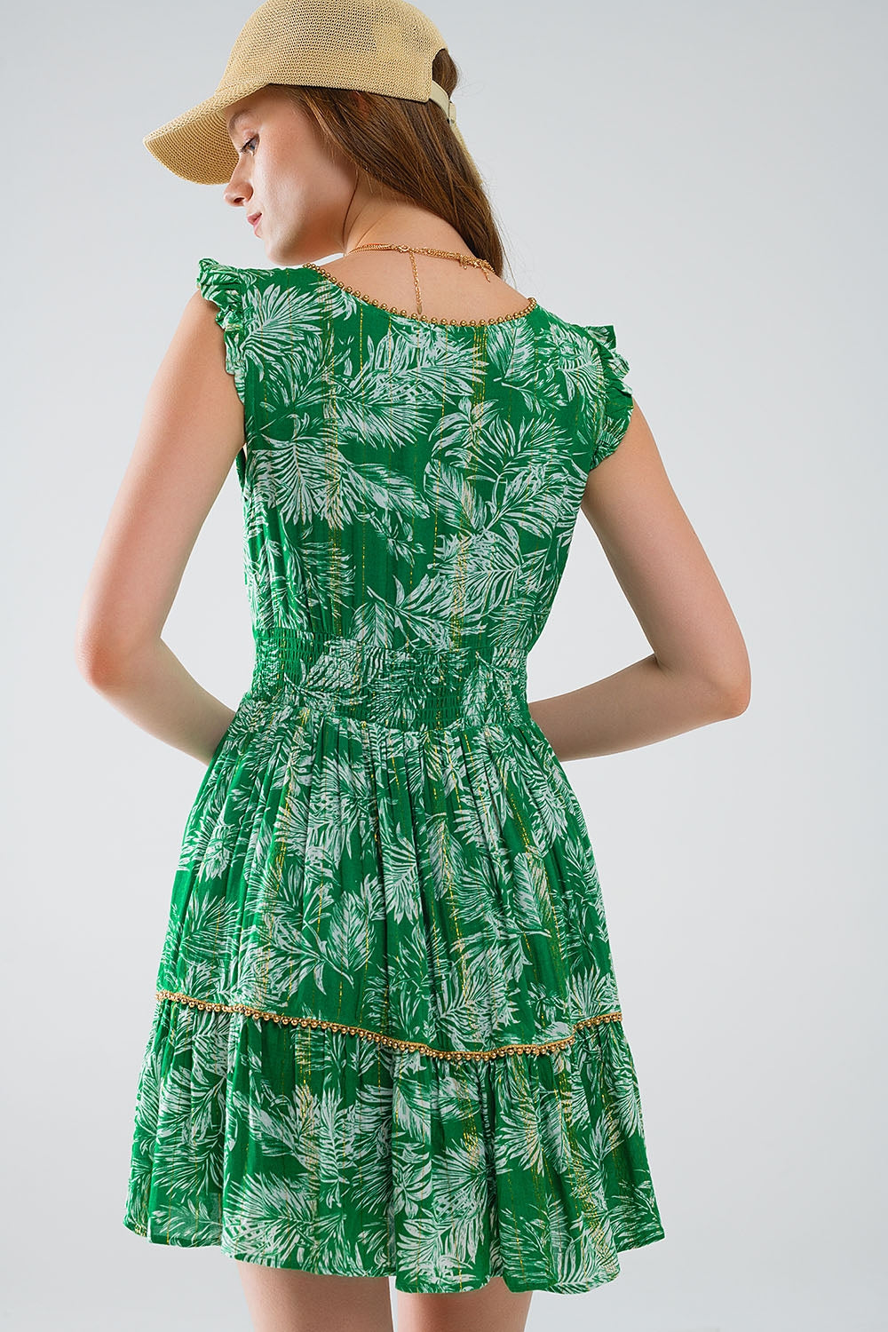 robe courte verte à imprimé fleuri boho avec détails en lurex