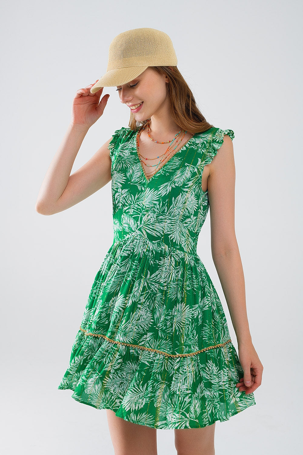 robe courte verte à imprimé fleuri boho avec détails en lurex
