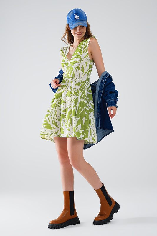 Q2 robe courte verte avec imprimé palmier tropical