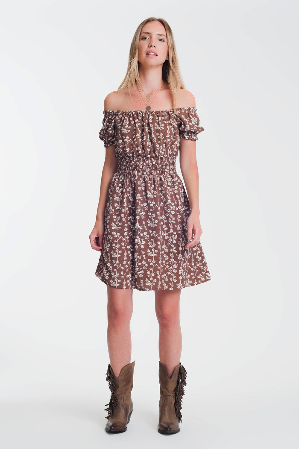 Q2 Robe d'été courte style bardot à fleurs marron