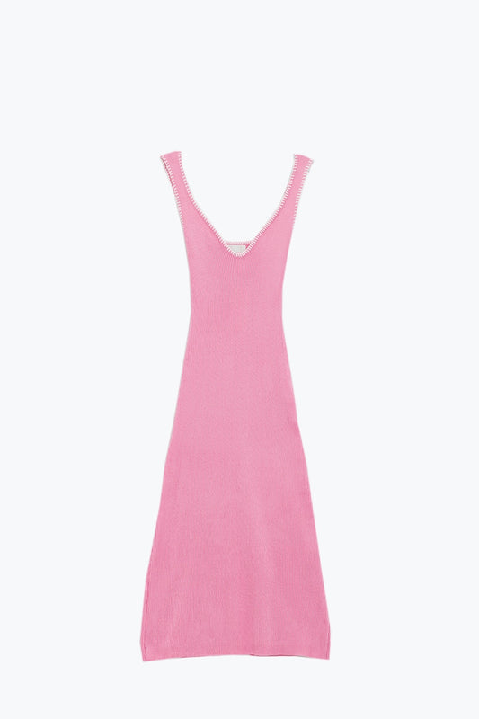 Q2 Robe d'été en maille serrant le corps en rose avec bordures blanches