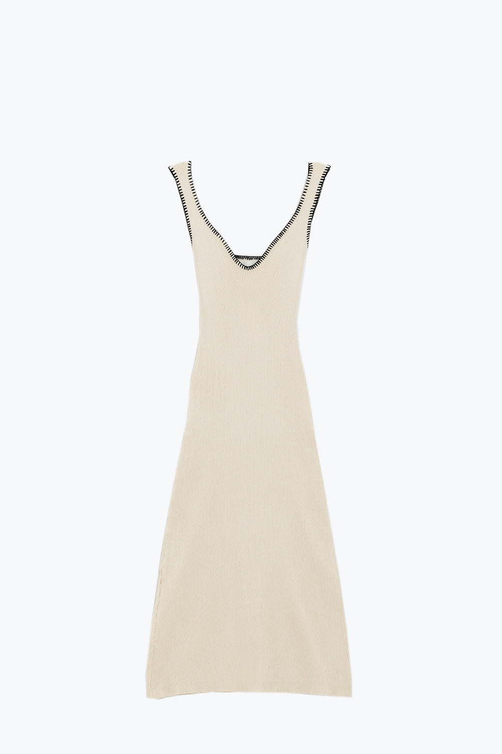 Q2 Robe d'été en tricot moulant beige avec bordures noires