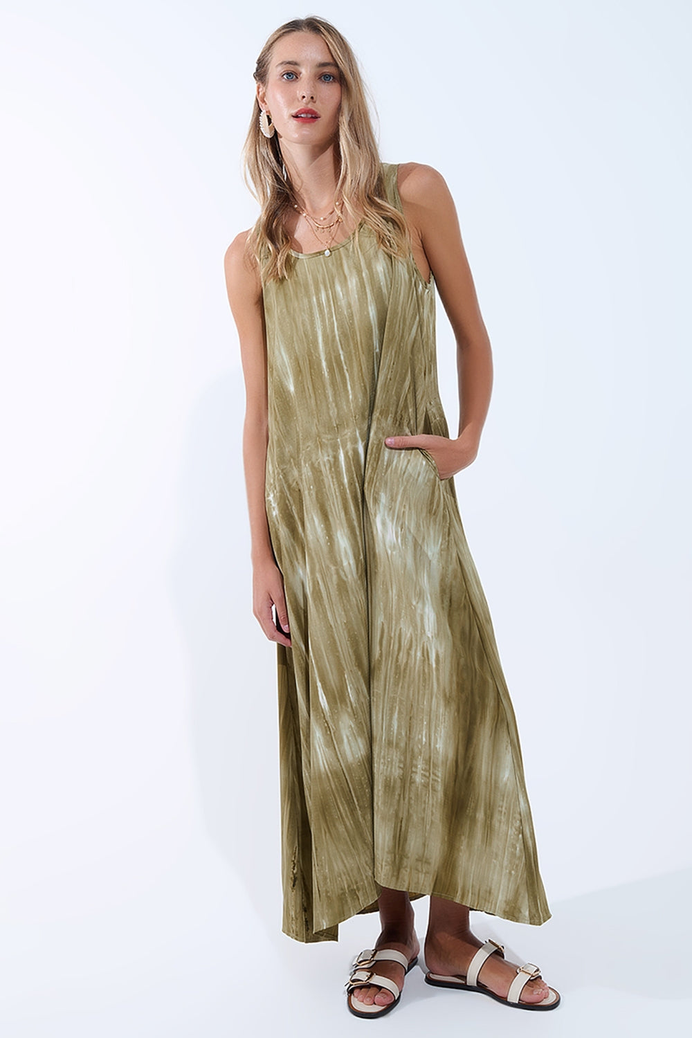 Q2 Robe décontractée boho en Kakhi Green Tie Dye en tissu de haute qualité