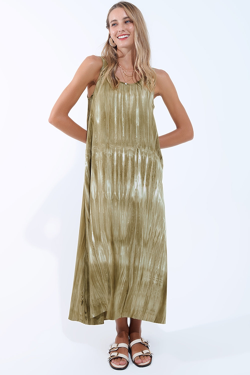 Robe décontractée boho en Kakhi Green Tie Dye en tissu de haute qualité