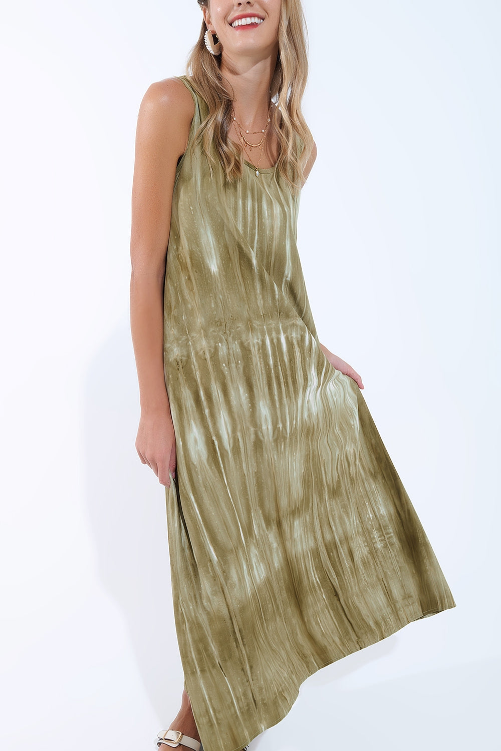 Robe décontractée boho en Kakhi Green Tie Dye en tissu de haute qualité