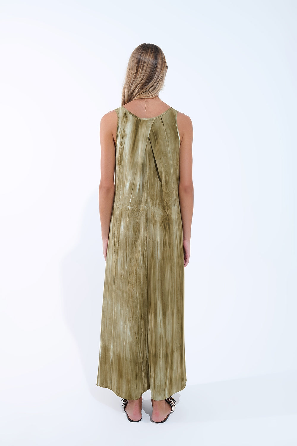 Robe décontractée boho en Kakhi Green Tie Dye en tissu de haute qualité