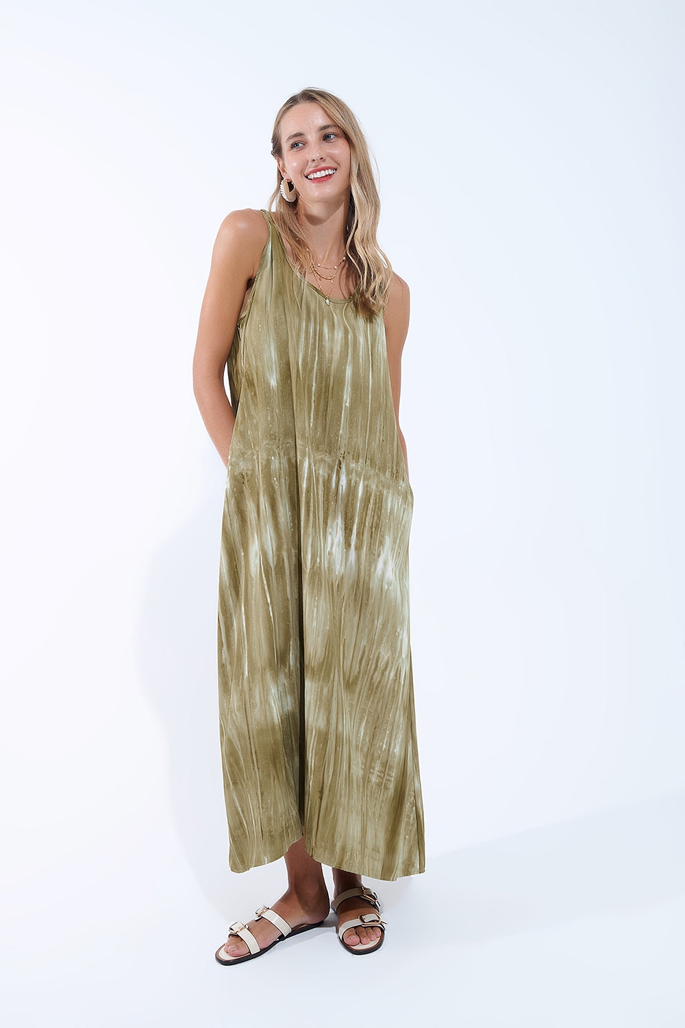 Robe décontractée boho en Kakhi Green Tie Dye en tissu de haute qualité