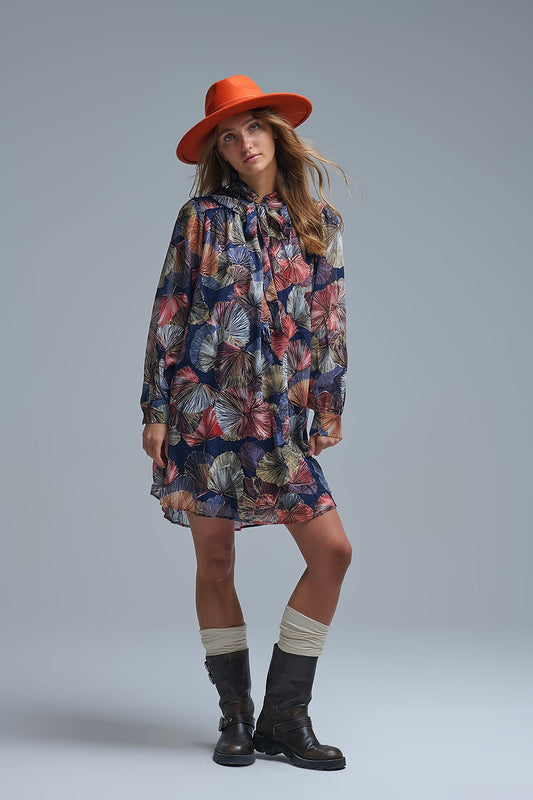 Q2 Robe élégante à col cravate et ligne A florale