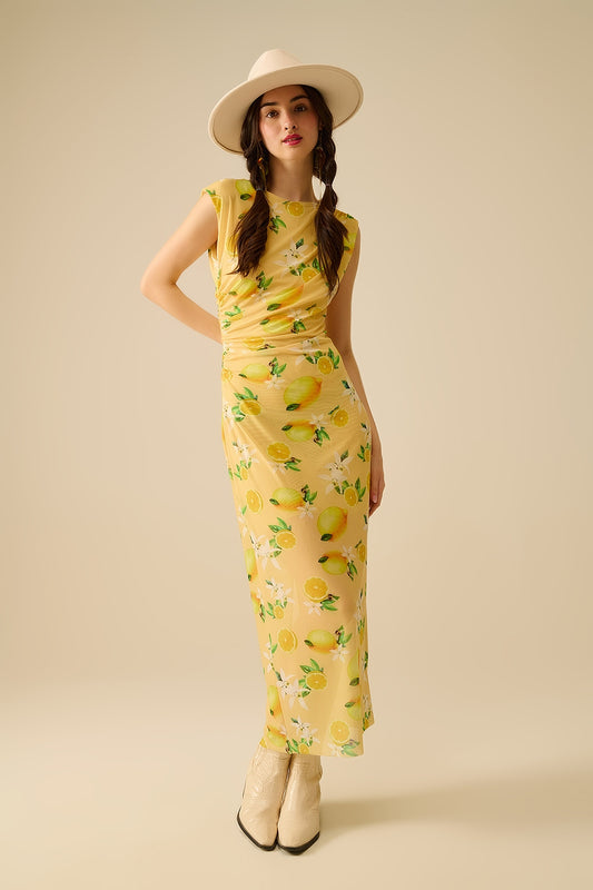 Q2 Robe en tulle avec volant sur le côté imprimé jaune citron