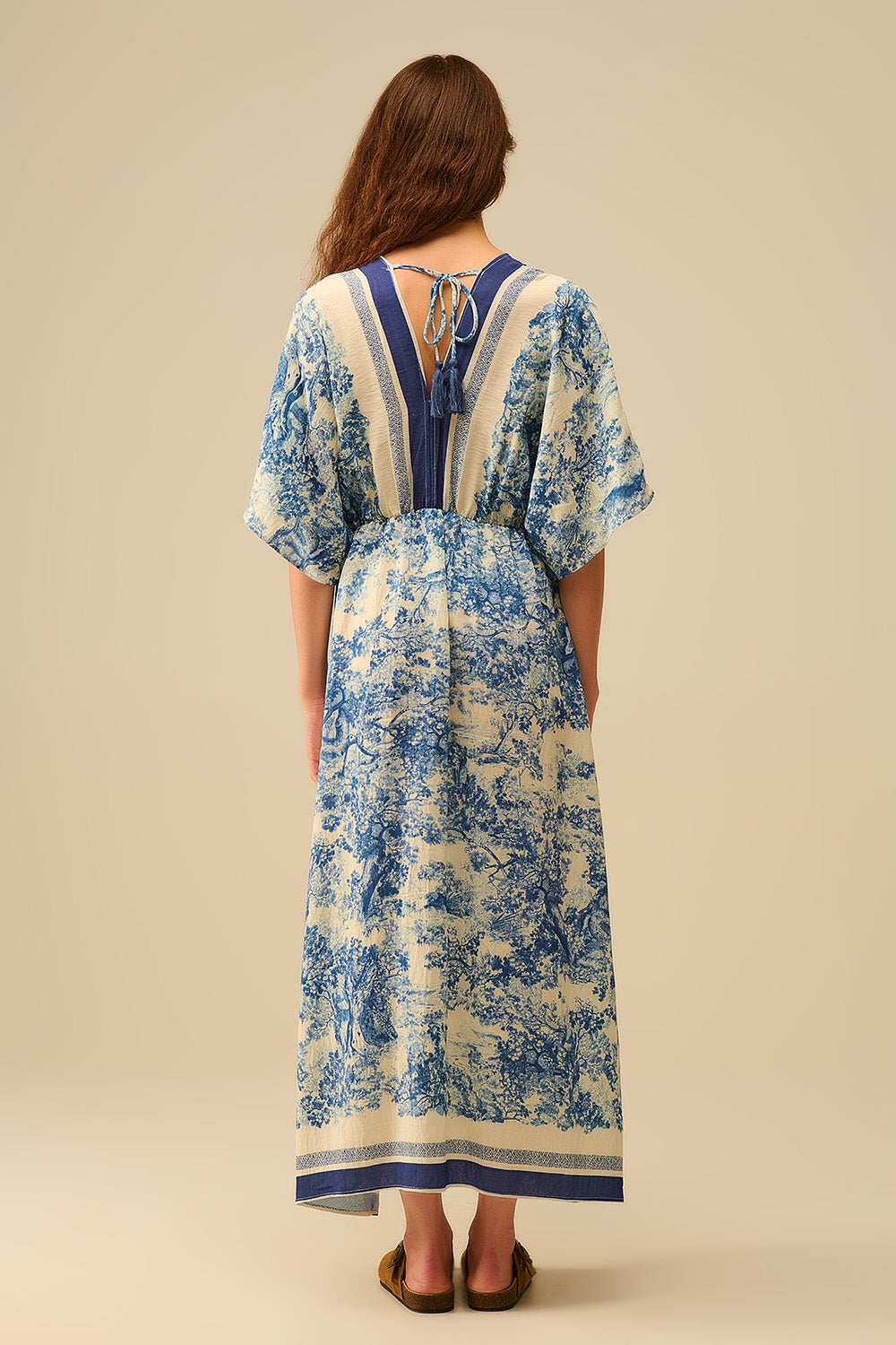 Robe fluide à col en V avec imprimé Toile de Jouy