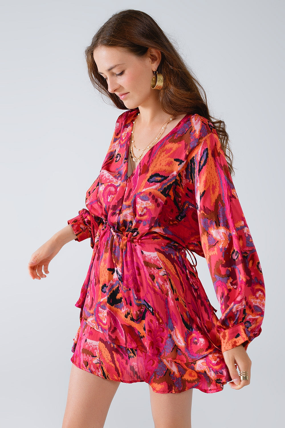 Robe froncée à manches longues en imprimé animalier multicouleure