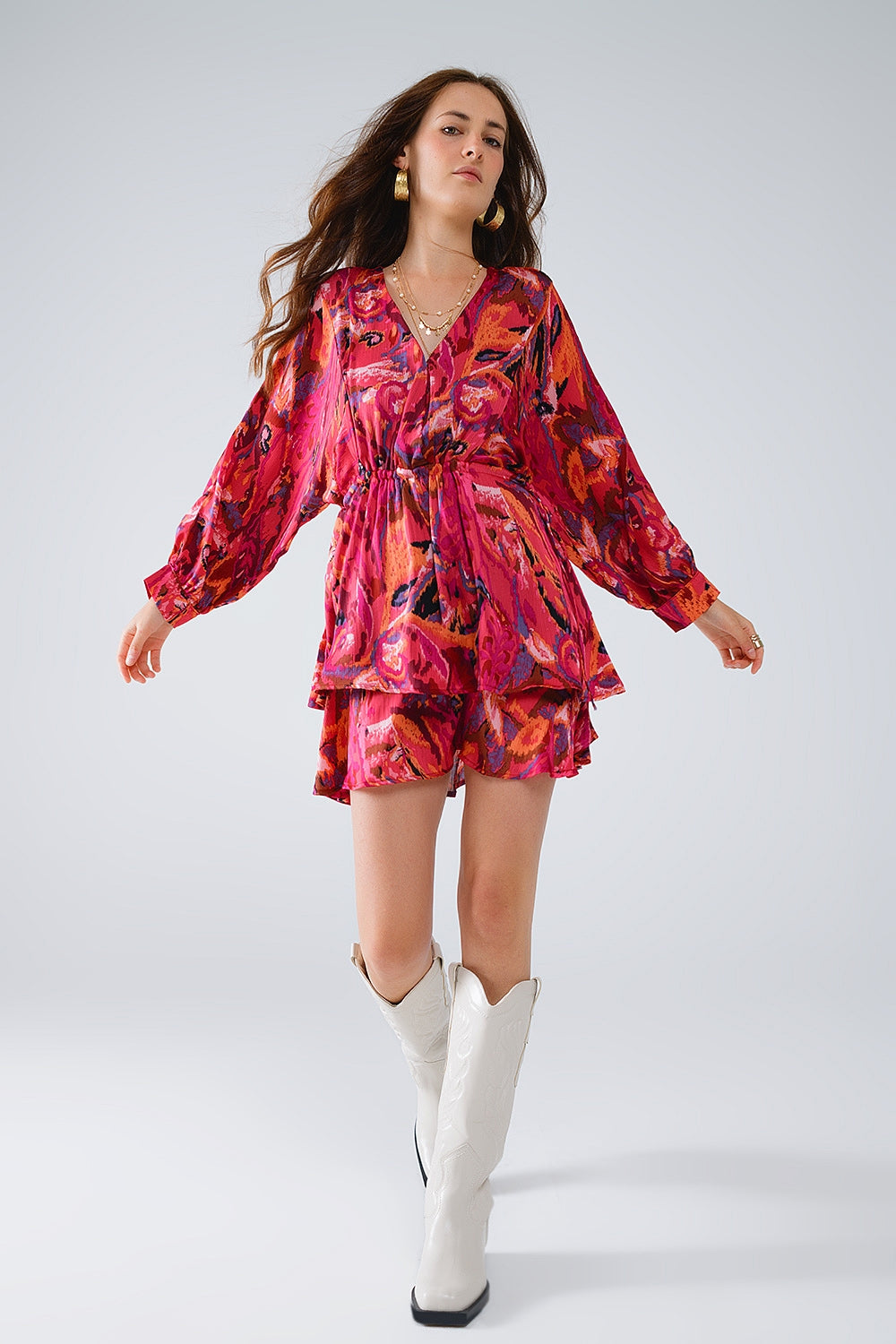 Robe froncée à manches longues en imprimé animalier multicouleure
