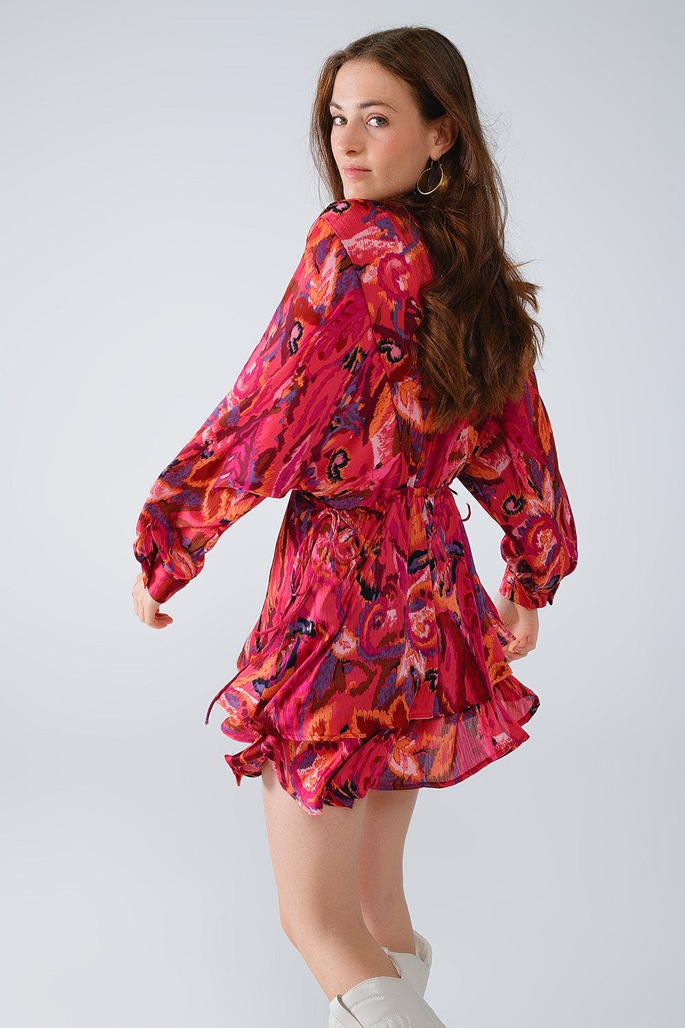 Robe froncée à manches longues en imprimé animalier multicouleure