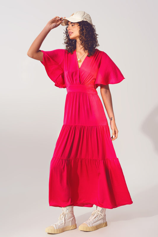Q2 Robe Longue à col V et Smocks en fucsia