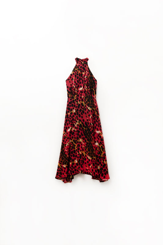Q2 Robe longue à collier croisé en rouge et noir imprimé animalier