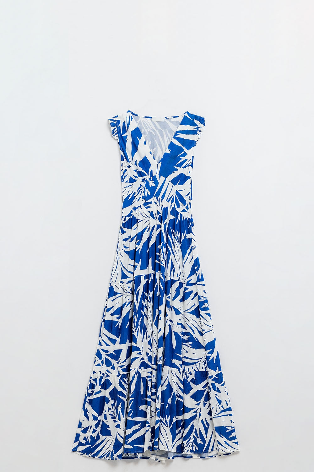 Robe longue à encolure en V et fendue imprimé tropical en bleu