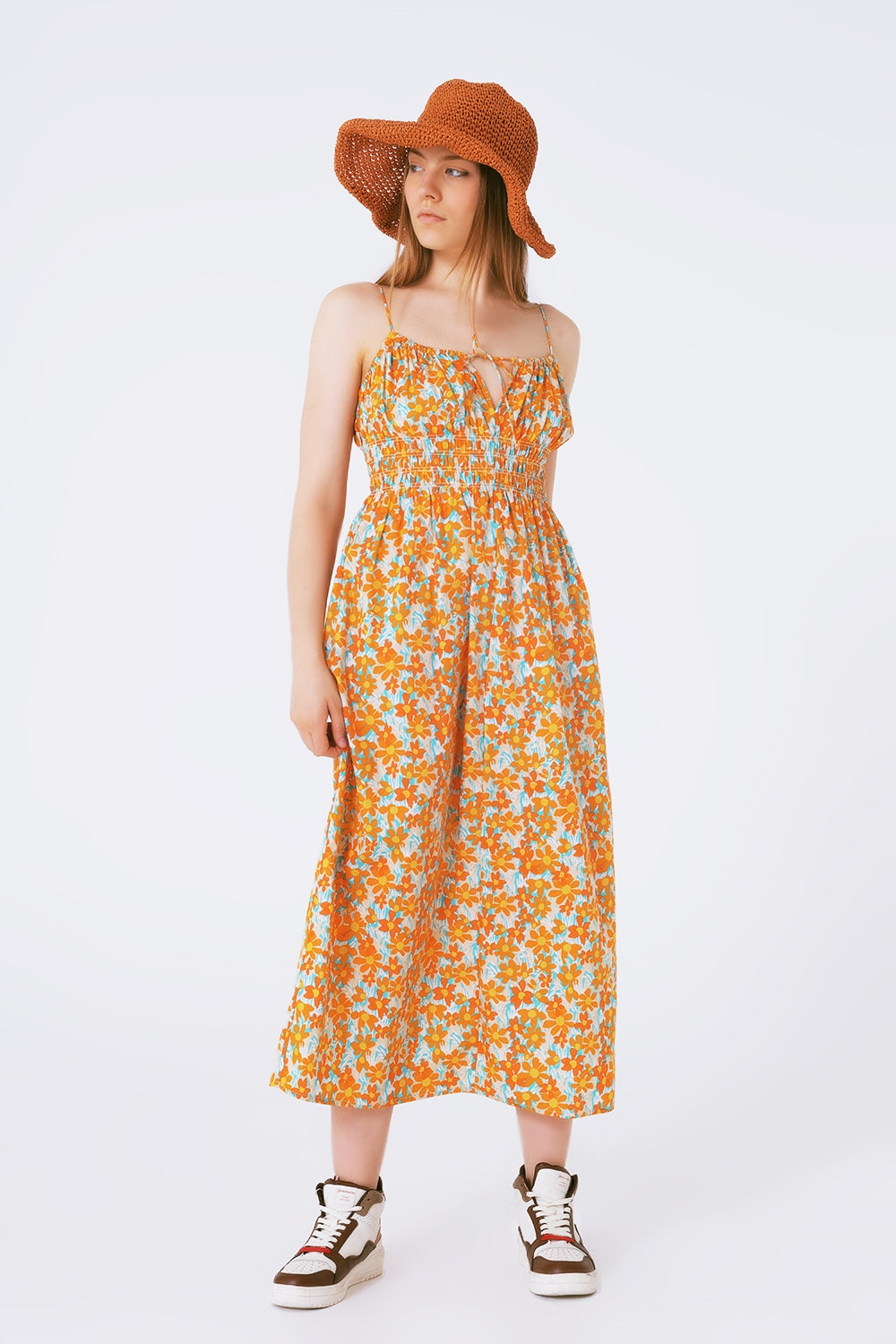 Q2 Robe longue à imprimé fleurs avec fines bretelles orange