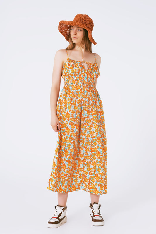 Q2 Robe longue à imprimé fleurs avec fines bretelles orange