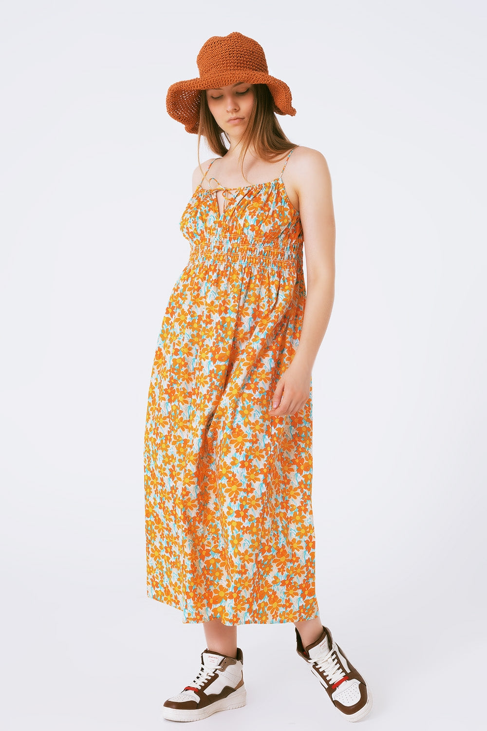 Robe longue à imprimé fleurs avec fines bretelles orange