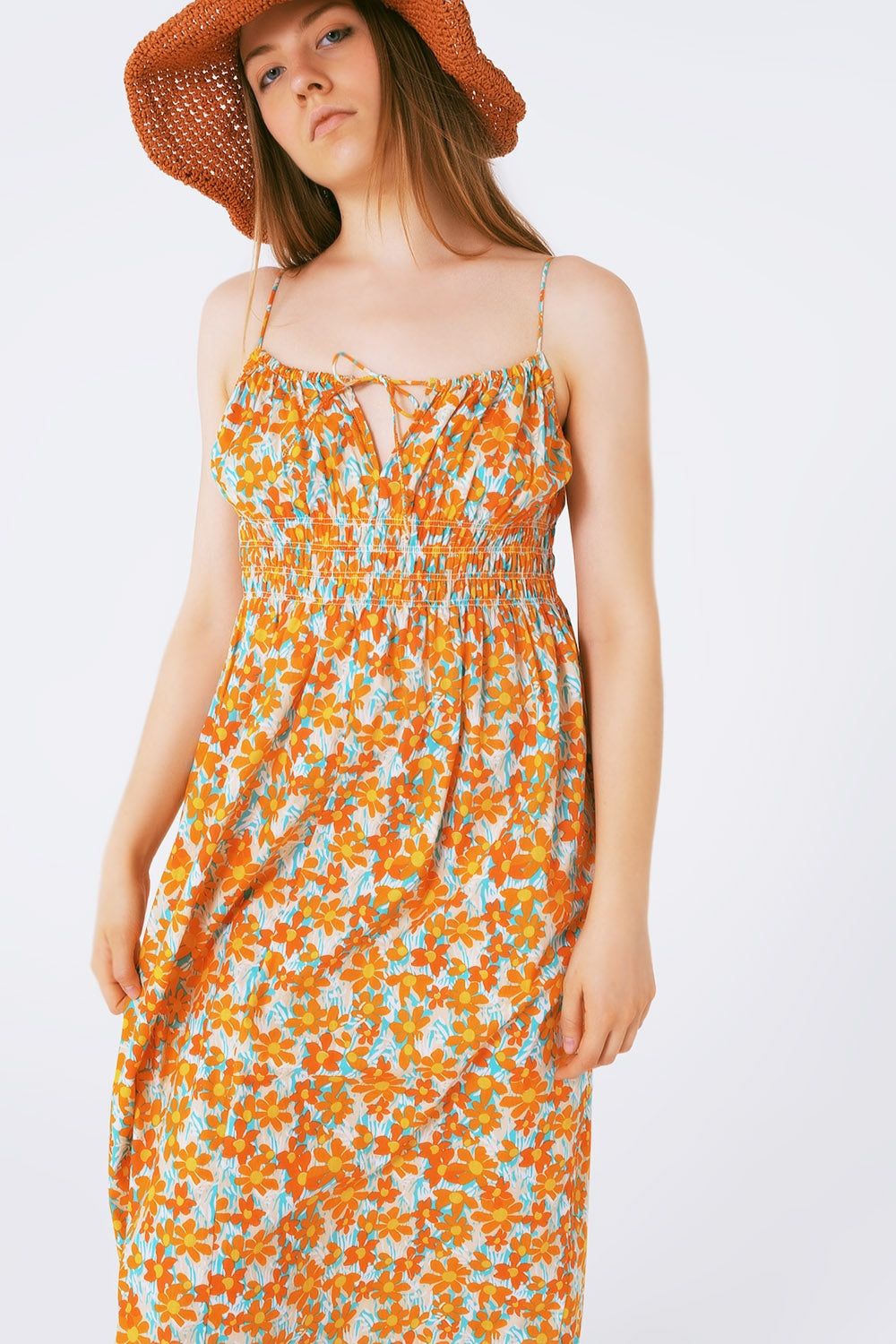Robe longue à imprimé fleurs avec fines bretelles orange
