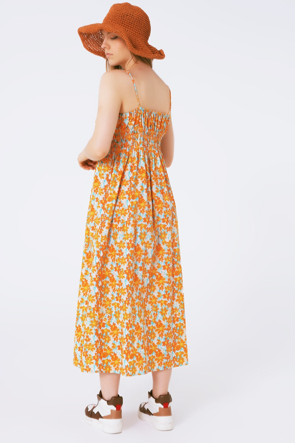 Robe longue à imprimé fleurs avec fines bretelles orange