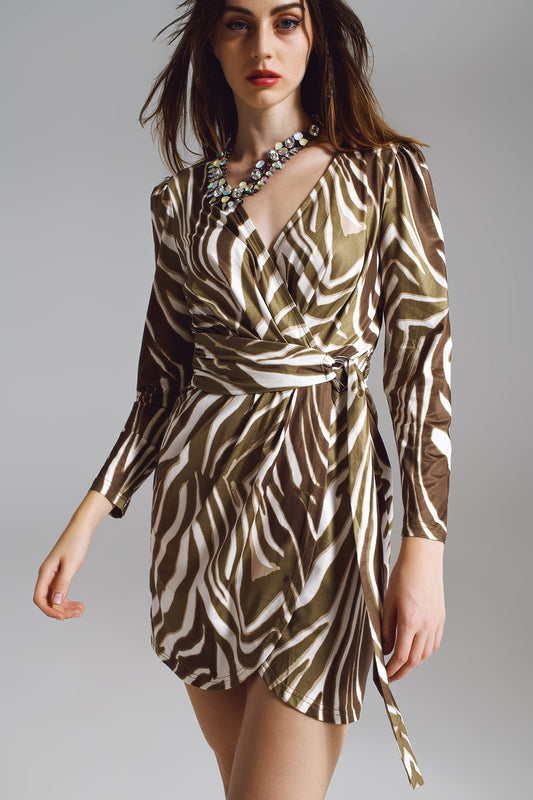 Q2 Robe longue à manches longues avec ceinture en imprimé zèbre crème et vert olive
