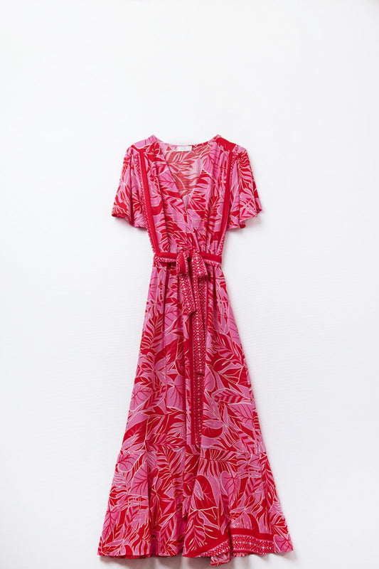 Q2 Robe longue à motifs tropicaux avec ceinture en fuchsia