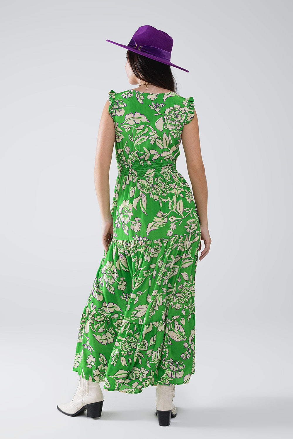 Robe longue à taille cintrée à imprimé floral en vert