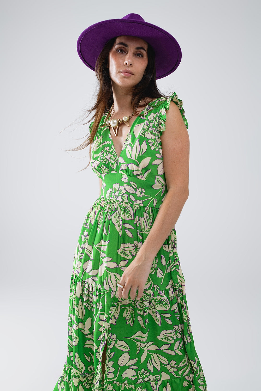 Robe longue à taille cintrée à imprimé floral en vert