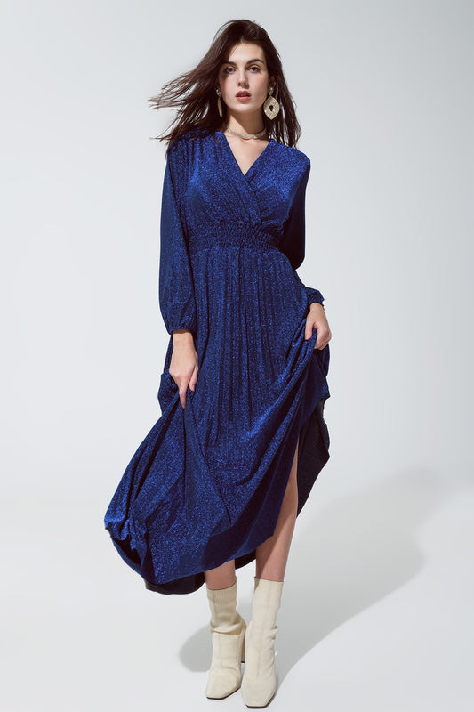 Q2 Robe longue ajustée à taille haute avec col en V bleue et brillante