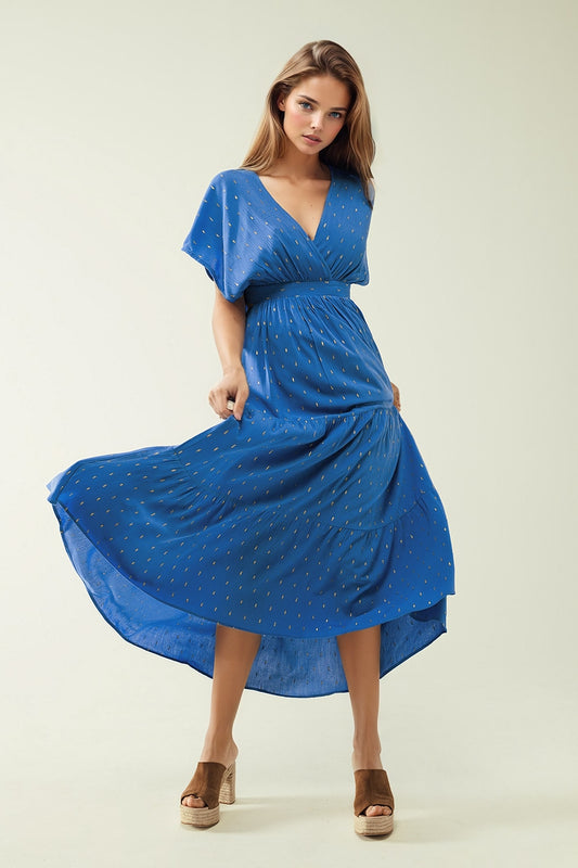 Q2 robe longue ample bleue avec détails dorés