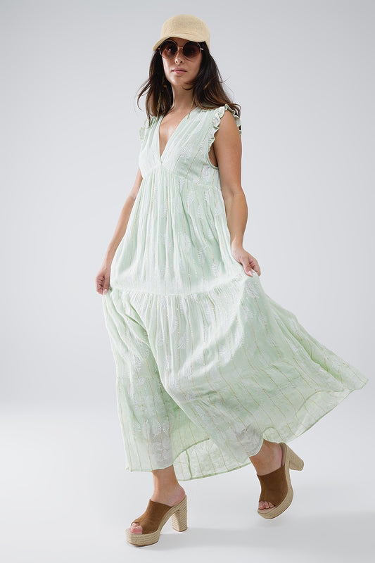 Q2 Robe longue babydoll boho à imprimé feuilles et lurex en menthe