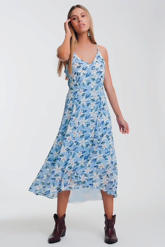 Q2 Robe longue caraco à bretelles et fleurs bleu