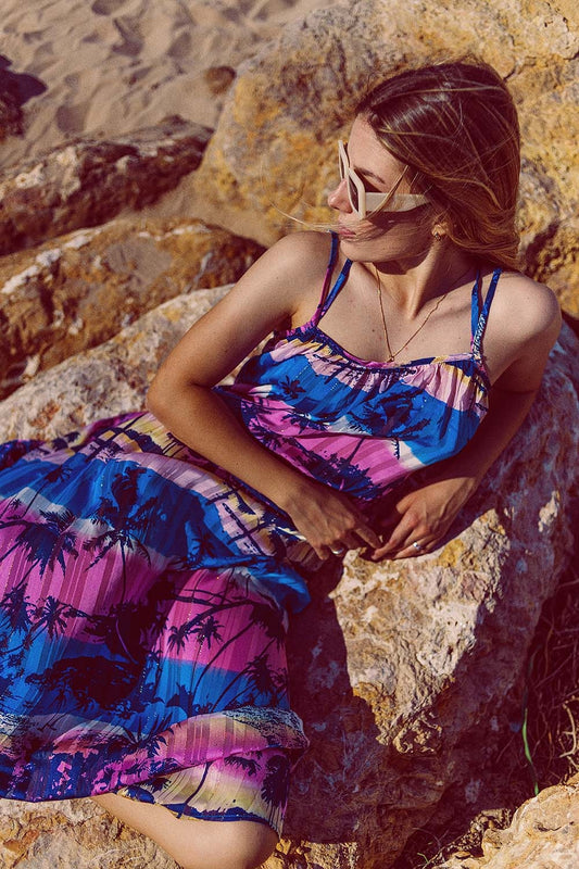 Q2 Robe longue décontractée à dos ouvert à imprimé bleu tropical