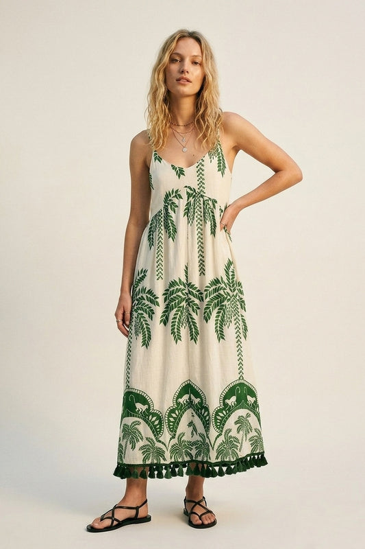 Q2 Robe longue décontractée à imprimé palmier vert crème avec bordures à pompons