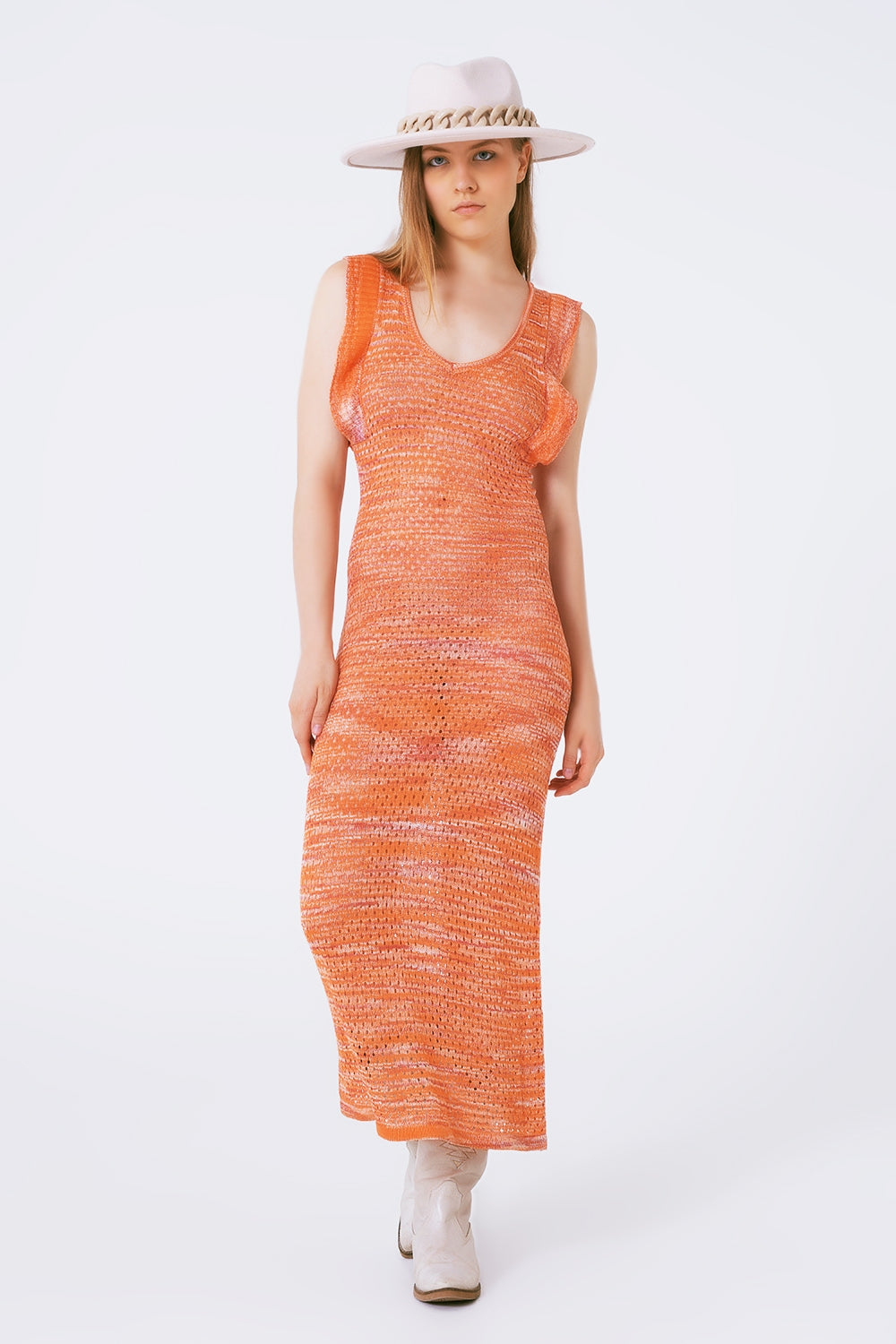 Robe longue en tricot avec volant poitrine en orange chiné
