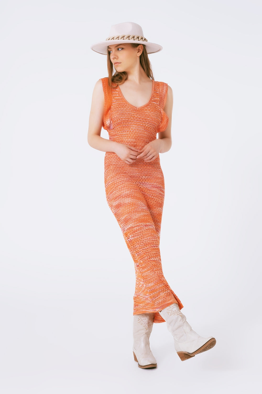 Robe longue en tricot avec volant poitrine en orange chiné