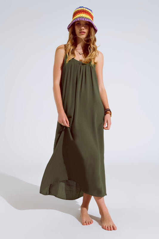 Q2 Robe longue fluide kaki à bretelles spaghetti et détails perlés