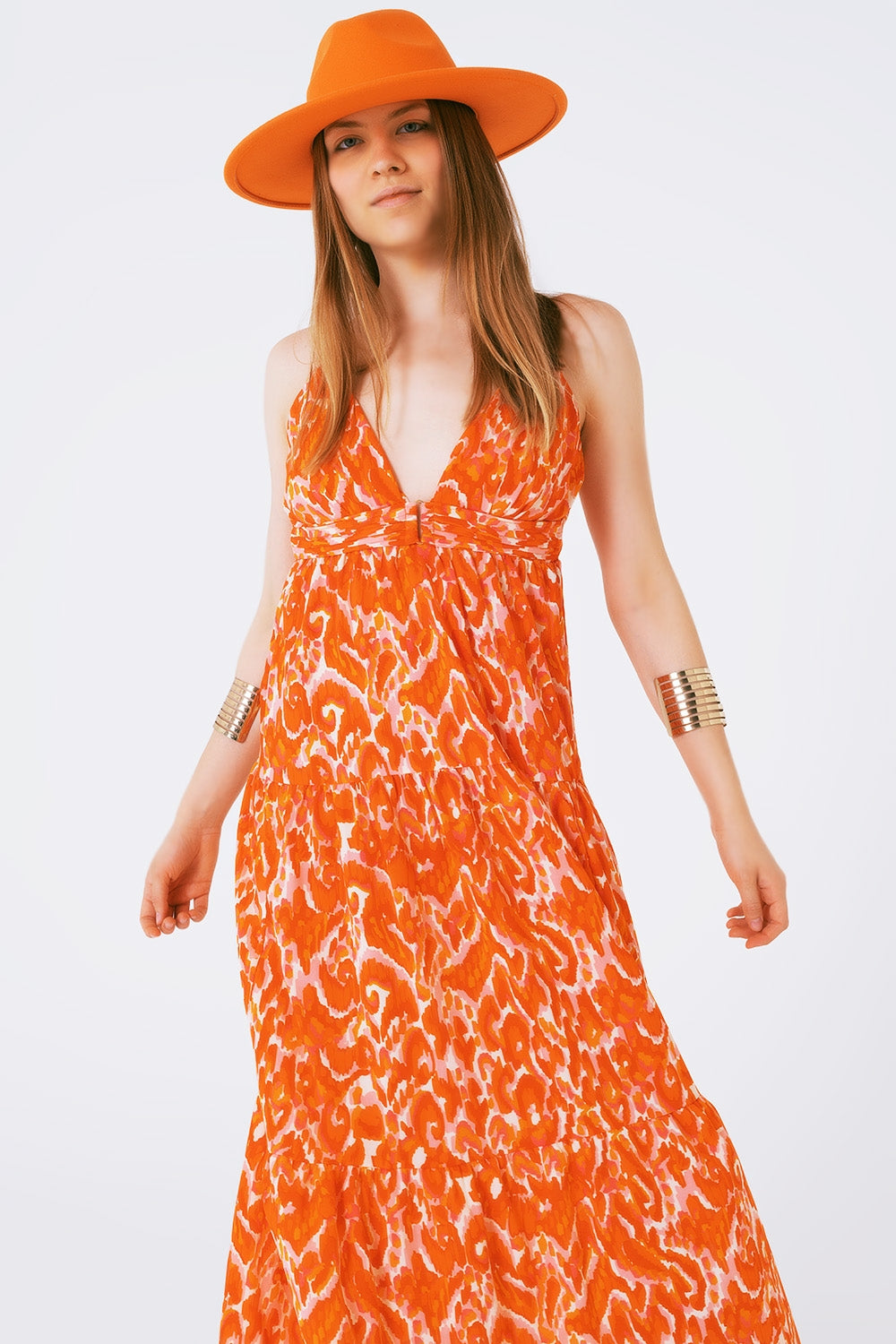 Robe longue imprimée fleurie avec décolleté en V en orange