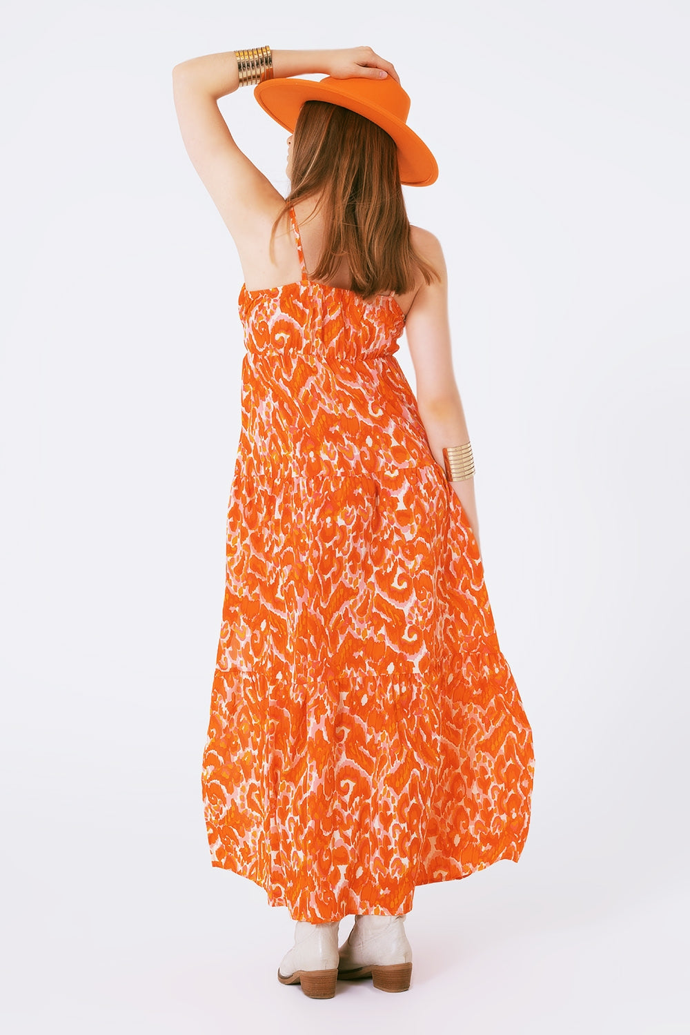 Robe longue imprimée fleurie avec décolleté en V en orange