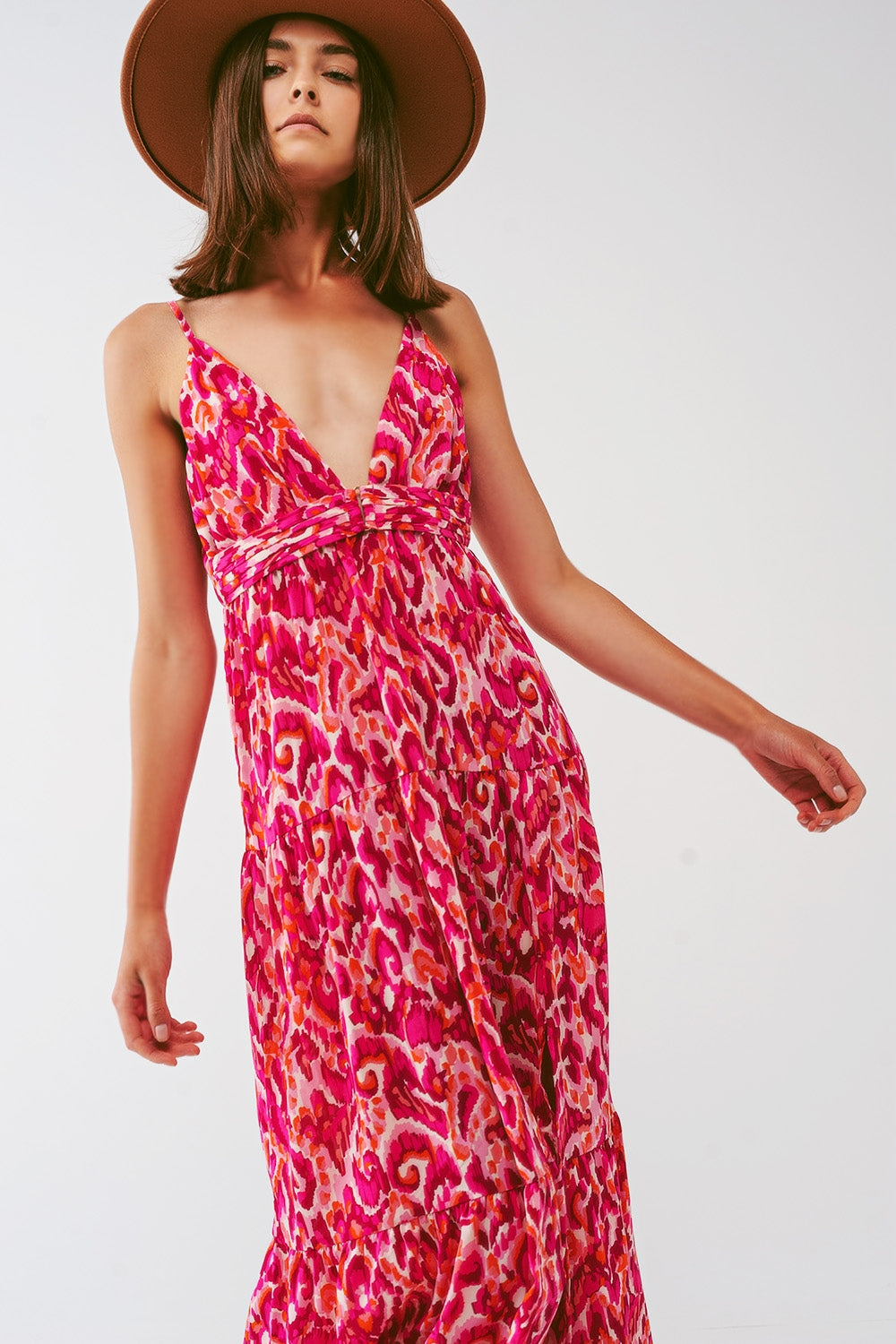 Robe longue imprimée fleurie avec décolleté en V en rose