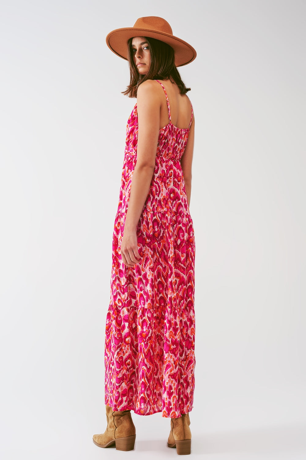 Robe longue imprimée fleurie avec décolleté en V en rose