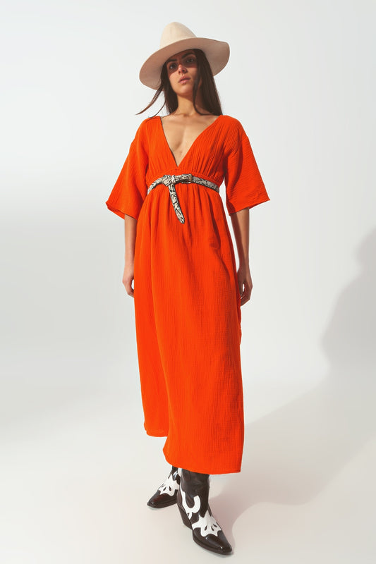 Q2 Robe Maxi à col en V texturé en orange