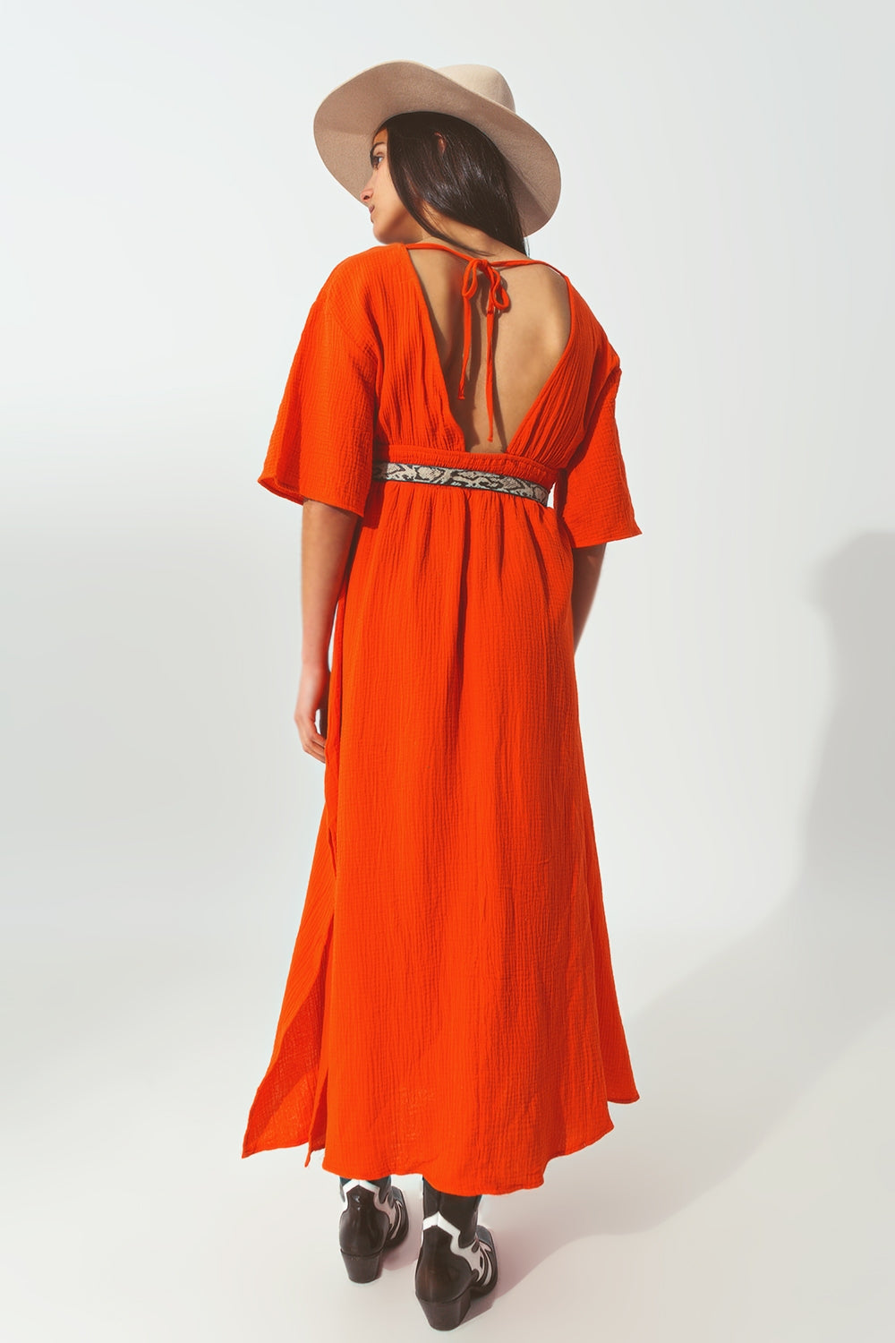 Robe Maxi à col en V texturé en orange